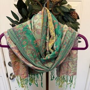 Beautiful Colorblock Stripe Paisley Floral Print Cashmere Scarf with Fringe OS